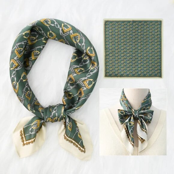 2/$30 Equestrian Pattern Green Silk Scarf Satin Head  Neck Tie Shawl Bag Decor - Picture 6 of 6